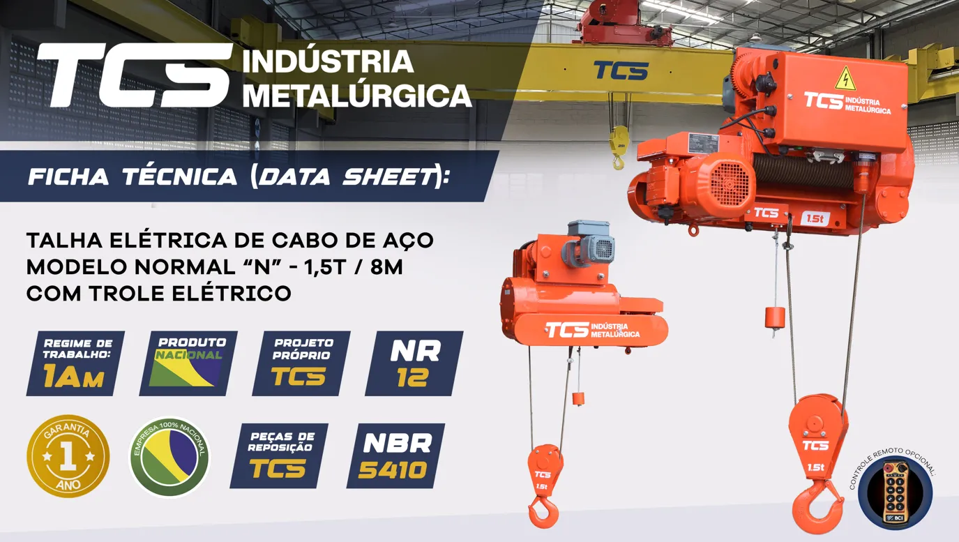 Talha Elétrica de Cabo de Aço - Modelo  "N" - 1,5t / 8 metros - Trole Elétrico - 6 Movimentos