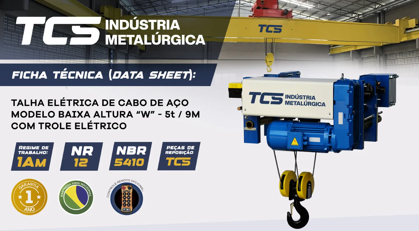 Talha Elétrica de Cabo de Aço - Modelo Baixa Altura "W" - 6,3t / 9 metros - Trole Elétrico