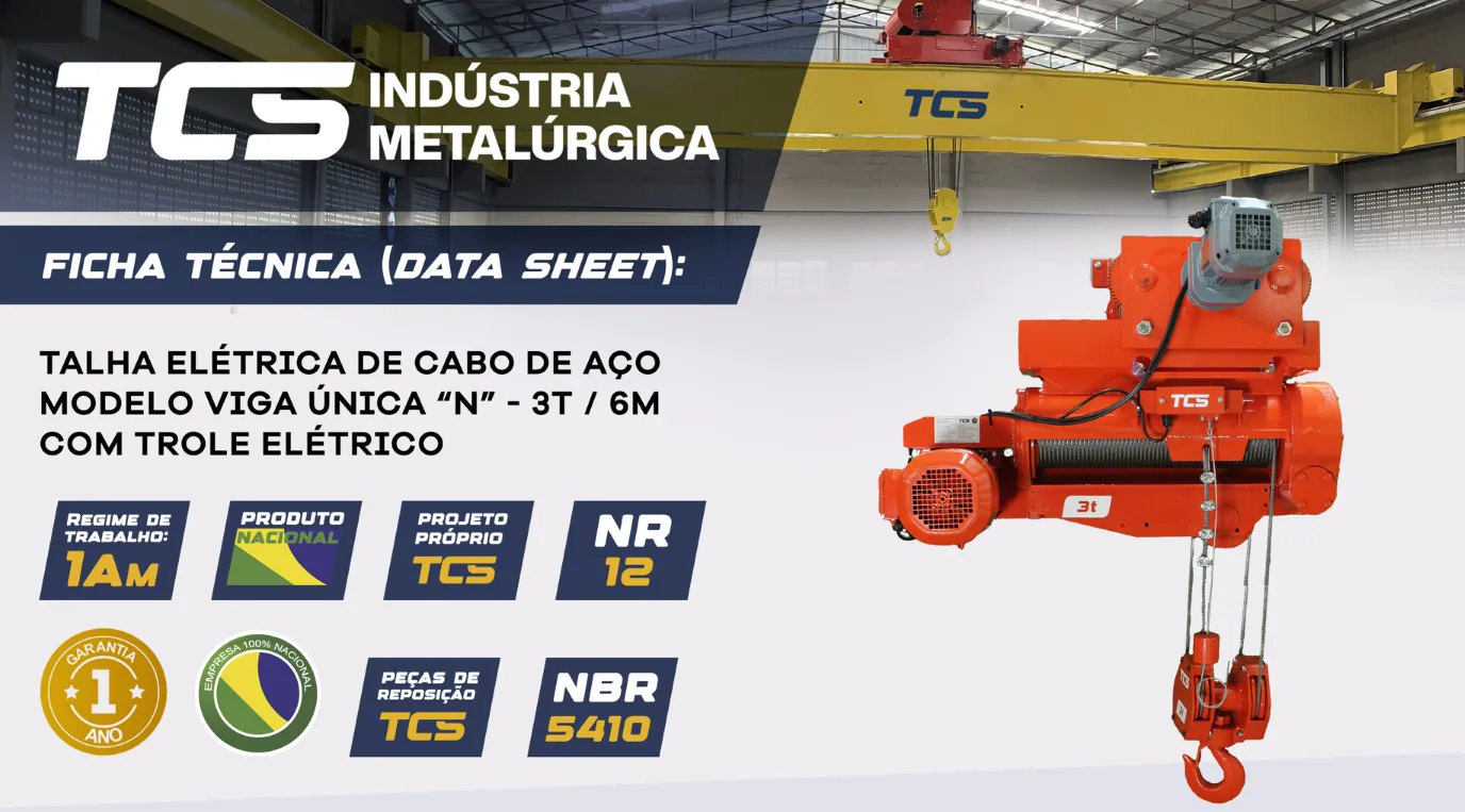 Talha Elétrica de Cabo de Aço - Modelo  "N" - 3,0 t / 6 metros - Trole Elétrico - 6 Movimentos