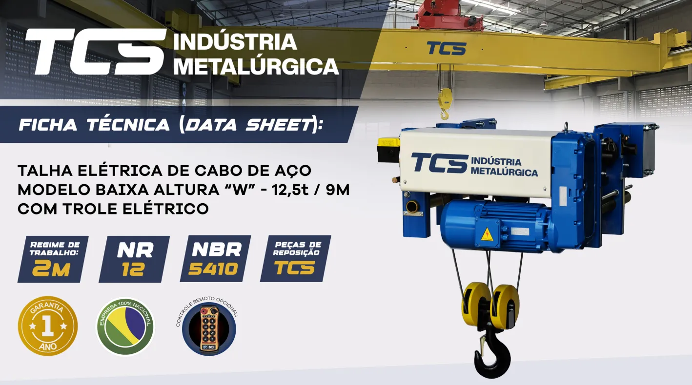 Talha Elétrica de Cabo de Aço - Modelo Baixa Altura "W" - 12,5t / 9 metros - Trole Elétrico