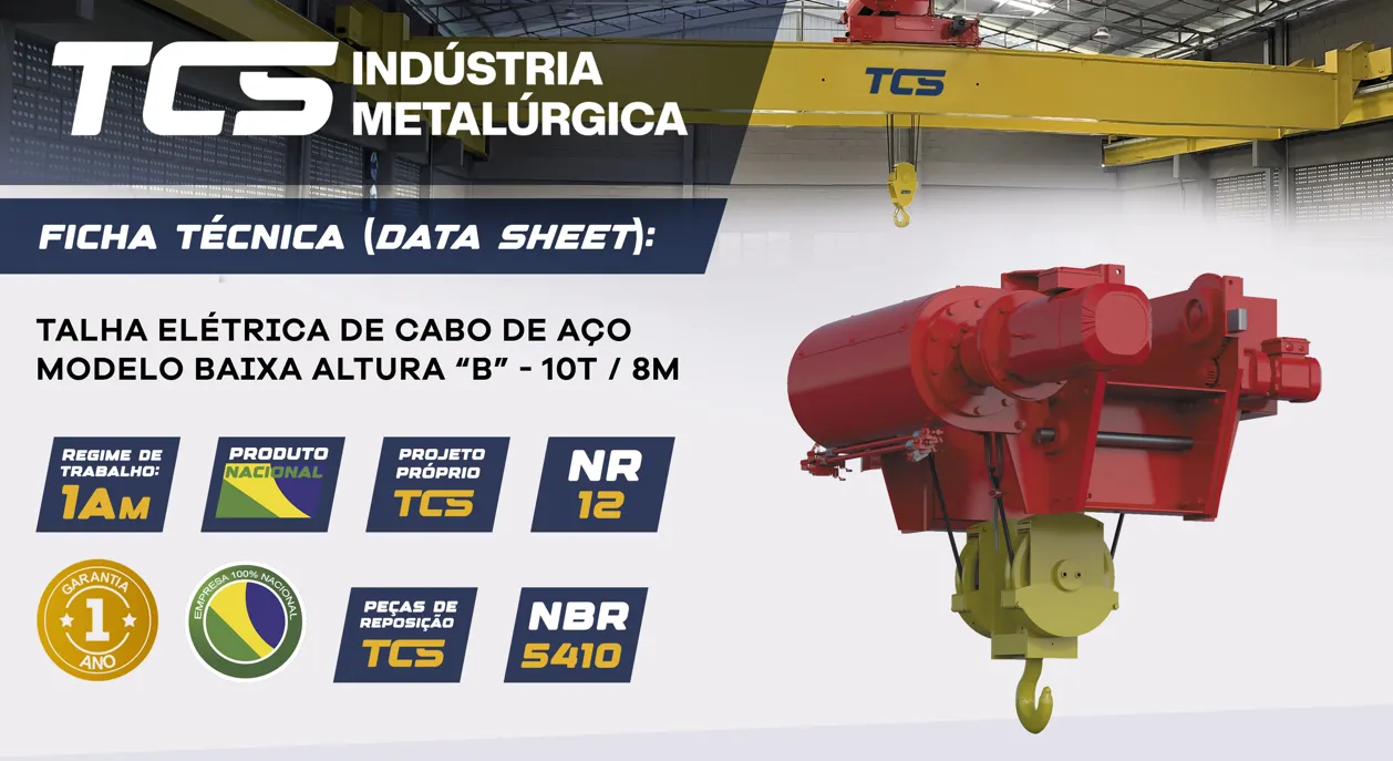 Talha Elétrica de Cabo de Aço - Modelo  "B" - 10t / 8 metros - Trole Elétrico - 4 Movimentos