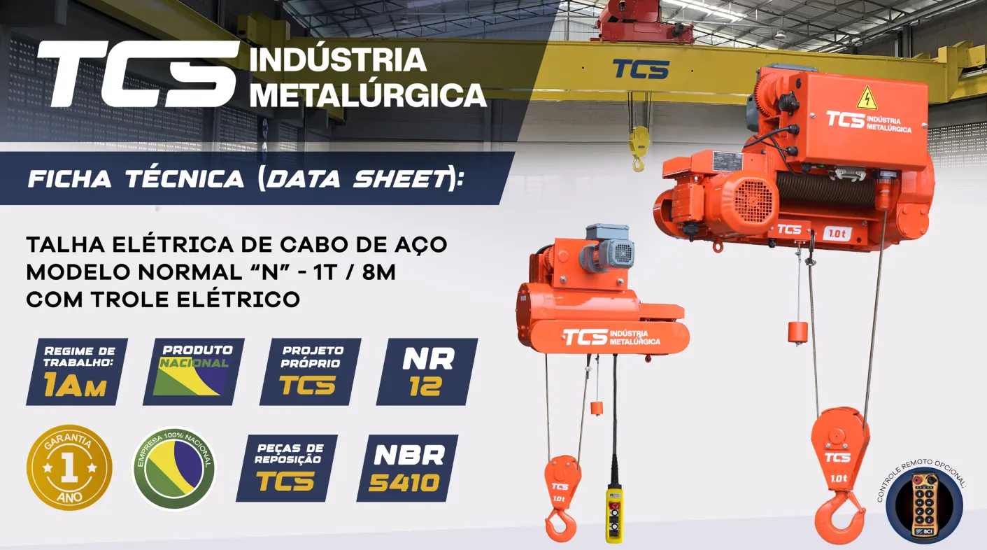 Talha Elétrica de Cabo de Aço - Modelo  "N" - 1t / 8 metros - Trole Elétrico - 6 Movimentos
