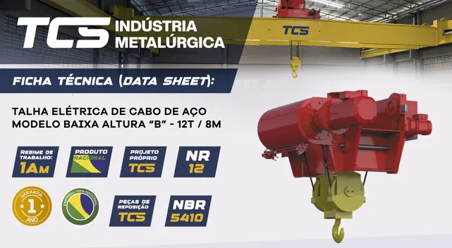 Talha Elétrica de Cabo de Aço - Modelo  "B" - 12t / 8 metros - Trole Elétrico - 6 Movimentos
