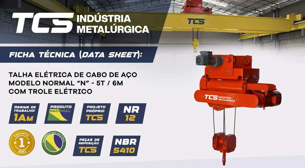 Talha Elétrica de Cabo de Aço - Modelo  "N" - 6,0 t / 6 metros - Trole Elétrico - 6 Movimentos