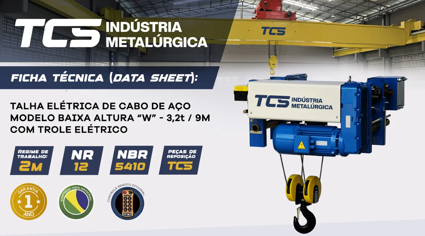 Talha Elétrica de Cabo de Aço - Modelo Baixa Altura "W" - 3,2t / 9 metros - Trole elétrico