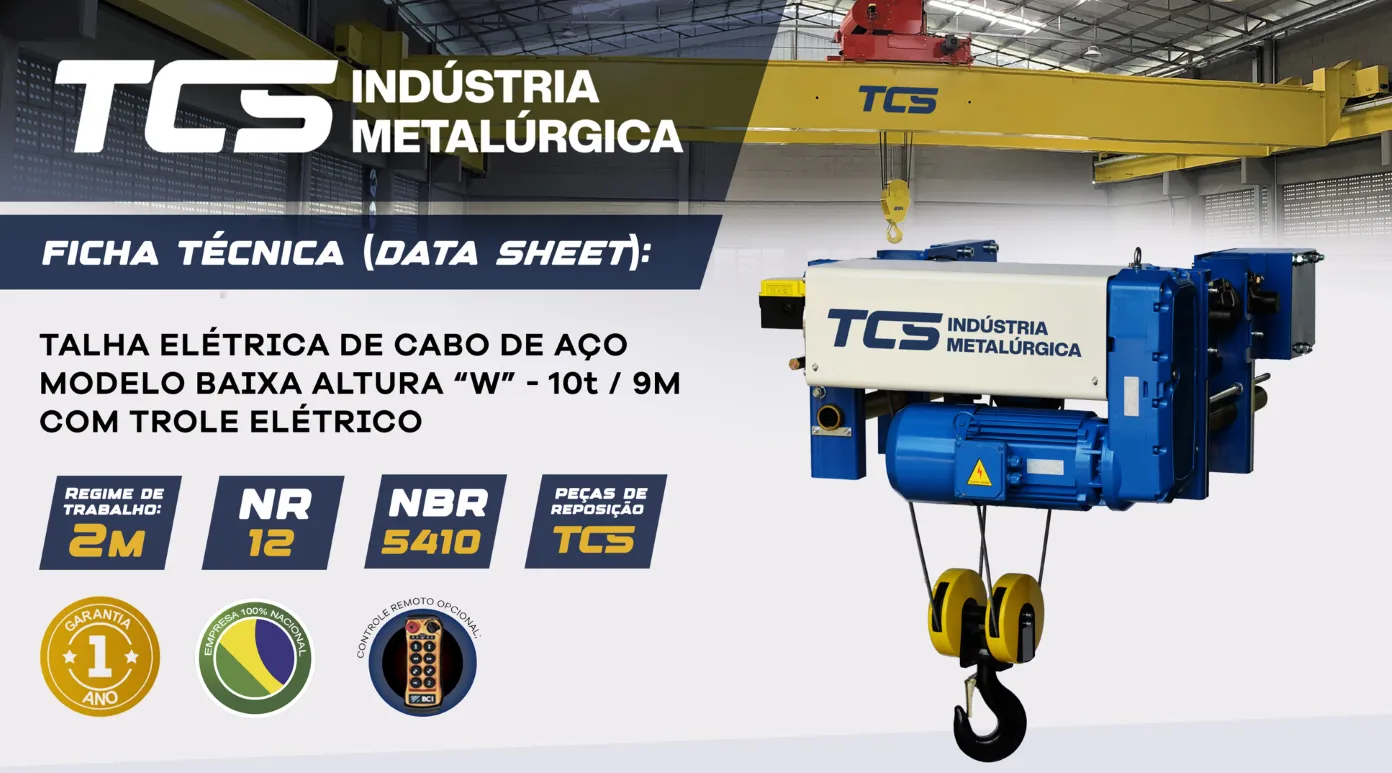Talha Elétrica de Cabo de Aço - Modelo Baixa Altura "W" - 10t / 9 metros - Trole Elétrico