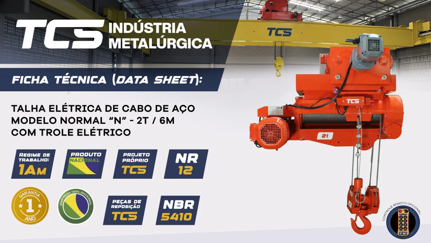 Talha Elétrica  2.000 kg c/ trole elétrico - 6 Movimentos - 6 metros
